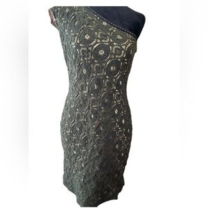 Andrew Marc New York fully lined one shoulder‎ Forest green overlay dress medium